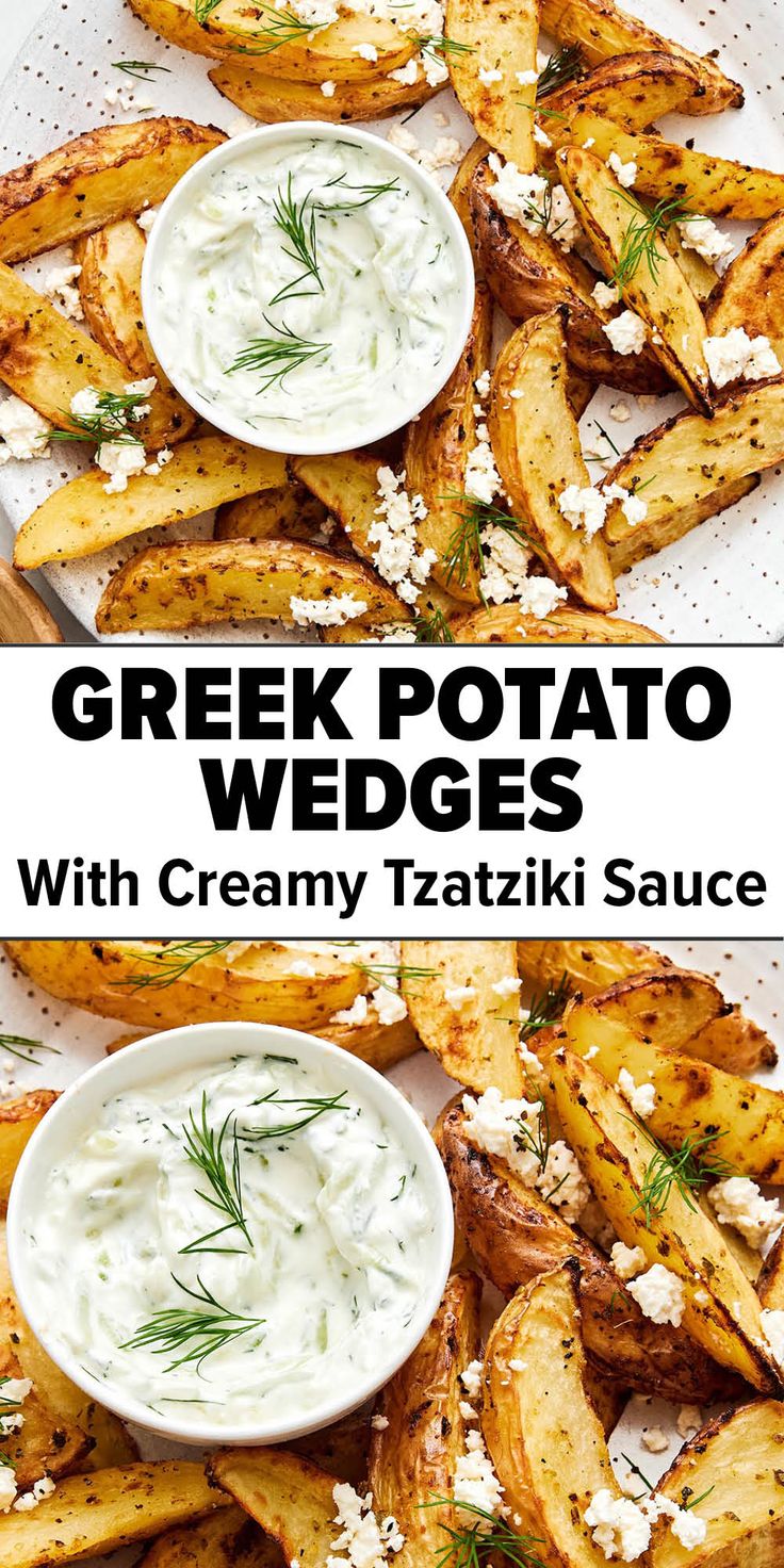 Greek fries with tzatziki sauce. Best Greek Food Recipes, Greek Veggie Side Dish, Greek Feta Roasted Potatoes, Gyro Sides Dish, Greek Snacks Appetizers, Greek Starters Appetizers, Sides For Gyros, Side Dishes For Wraps, Gyro Sides