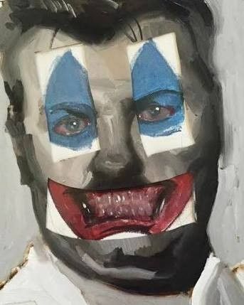 a painting of a clown with blue and white paint on it's face