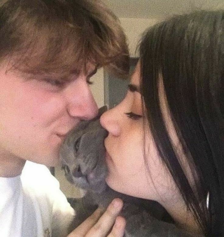 a man and woman kissing each other while holding a cat