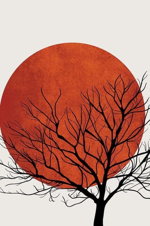 a tree with no leaves in front of an orange sun