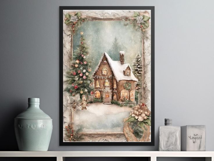 there is a painting on the wall with a house and christmas trees in front of it