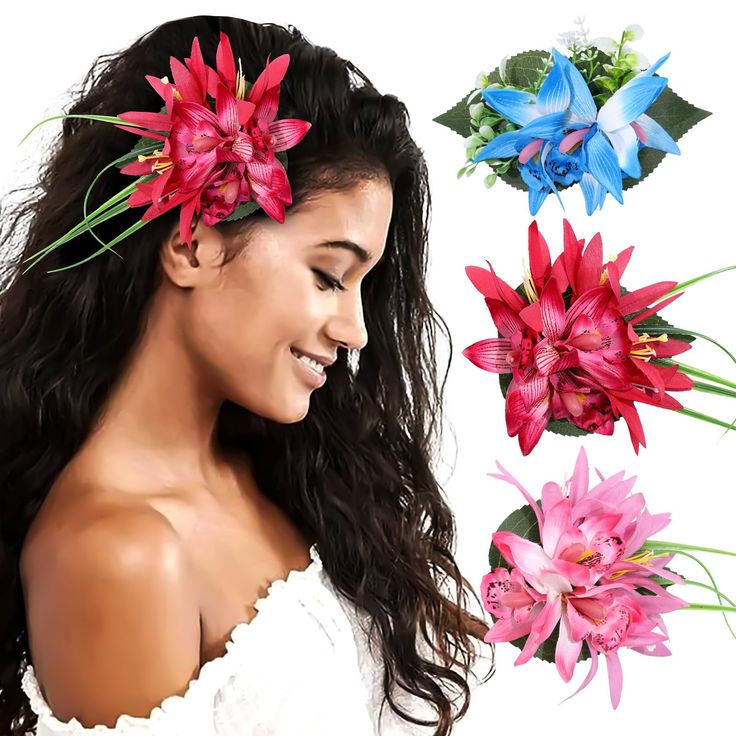 PRICES MAY VARY. 【3 Different Large Size&Color Hair Pins】- Each set contains 3 large size and different color hawaiian flower hair clips that can be matched with different color outfits, dresses and hairstyles.You can also share it with your female friends and families! 【Vivid Bohemian Flowers Hair Clips】- This artificial tropical flower hair pins with bright colors, and vibrant flowers with green leaf accents is as beautiful as real flowers, perfect for wearing in seasons like summer and spring Hawaiian Hair Flowers, Luau Hair, Hawaiian Flower Clip Hairstyles, Tropical Flower In Hair, Hawaiian Flower Hair, Tropical Flower Claw Clip, Tropical Flower Hair Clip, Pink Hair Accessories, Color Outfits