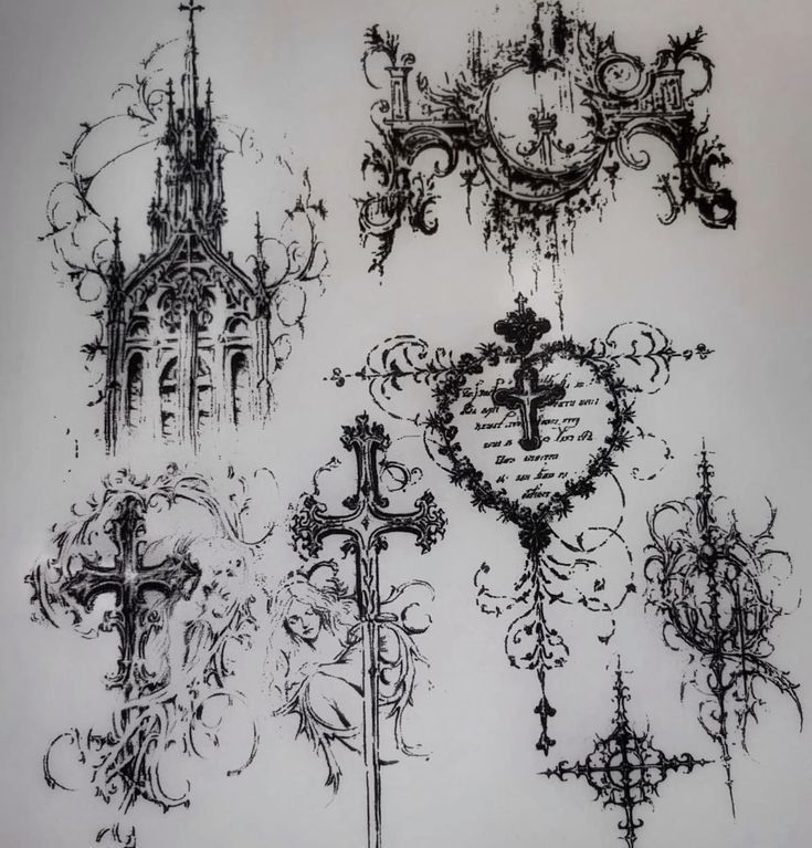 an ink drawing of ornate designs and crosses