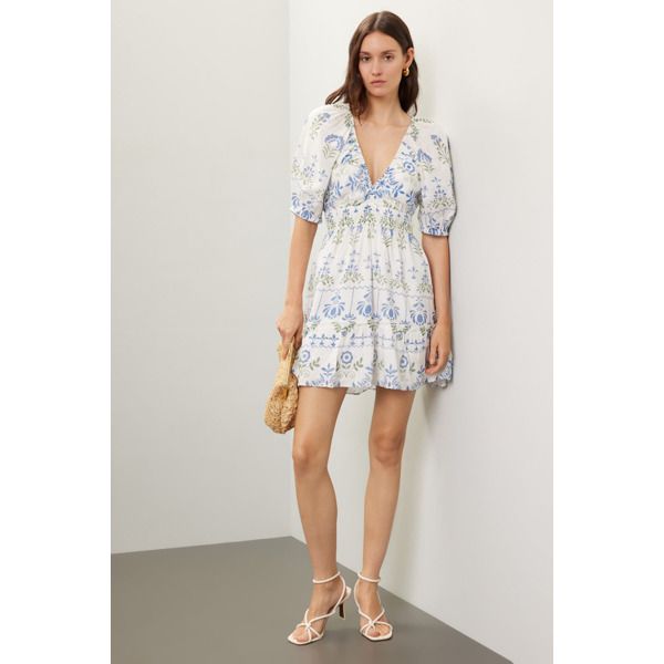 White floral (Shell: 100% Cotton, Lining: 100% Cotton). Casual dress. Short sleeves. V-neck. Pull-on closure. 33.5" from shoulder to hemline. Imported. Fitted Floral Print V-neck Dress For Spring, Floral Print Sundress V-neck For Day Out, Chic White V-neck Dress With Floral Print, Spring Floral Print V-neck Dress For Vacation, Summer Floral Print V-neck Dress For Daywear, White V-neck Dress For Spring Garden Party, White V-neck Dress For Garden Party In Spring, White Floral Print V-neck Dress For Spring, Fitted V-neck Dress For Spring Daywear