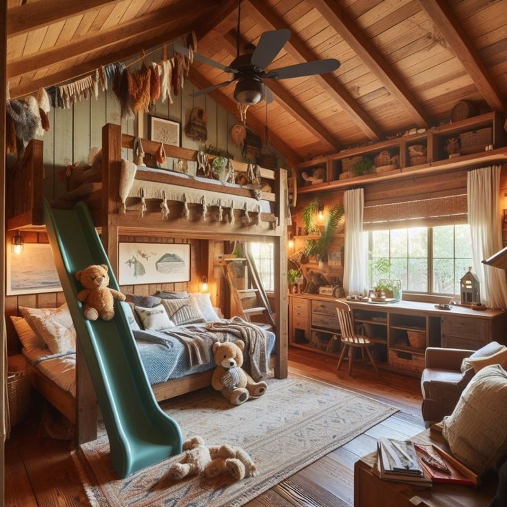 a child's bedroom with bunk beds and toys on the floor, including a slide