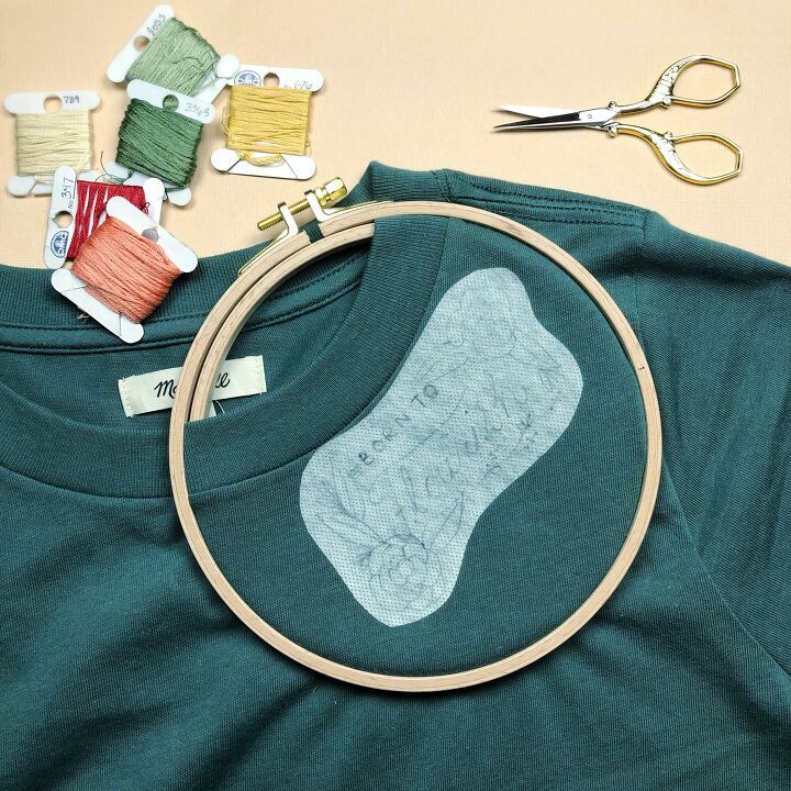 a pair of scissors and some thread on top of a green t - shirt with the image of a shoe