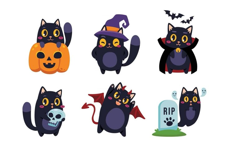 a set of cute black cats in different costumes