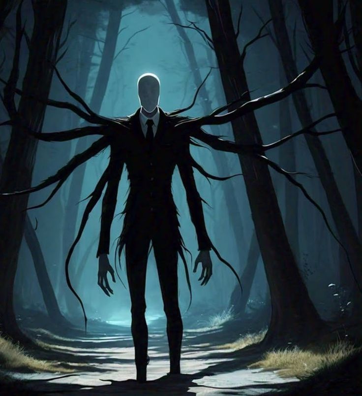 a creepy man standing in the middle of a dark forest with his arms stretched out