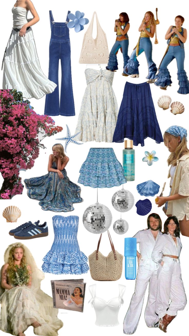 a collage of different types of clothing and accessories for women in blue and white