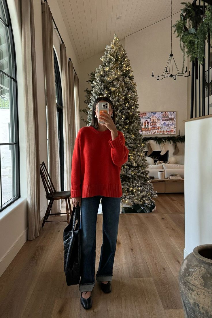 if you need a casual holiday outfit, this combo wins every time. red is the color of the season, and this red sweater is working overtime in my wardrobe. tap to shop this look! Red Sweater Outfit For Work, Red Mock Neck Sweater Outfit, Bright Red Sweater Outfit, Red Jumper Outfit Aesthetic, Holiday Outfits With Jeans, Red Ralph Lauren Sweater Outfit, How To Style A Red Sweater, How To Style Red Sweater, Red Jumper Outfit Winter