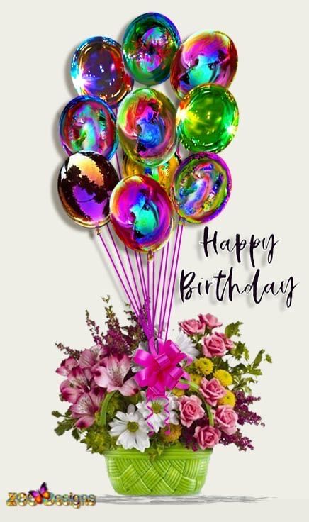 a birthday card with balloons and flowers in a green vase on a white background that says happy birthday