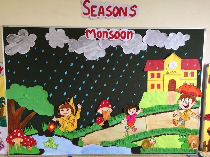 a bulletin board with children's artwork on it and rain coming down in the background