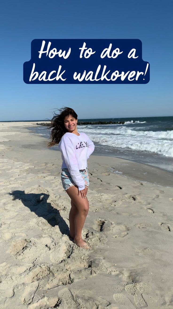 a woman standing on top of a sandy beach next to the ocean with text overlaying how to do a back walk