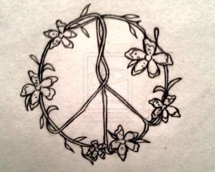 a peace sign with flowers and vines in the middle on a white paper background that is drawn by hand