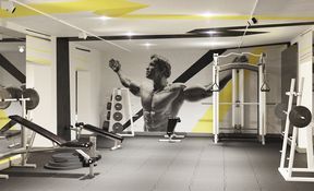 a man is in the middle of a gym with his arms up and muscles stretched out