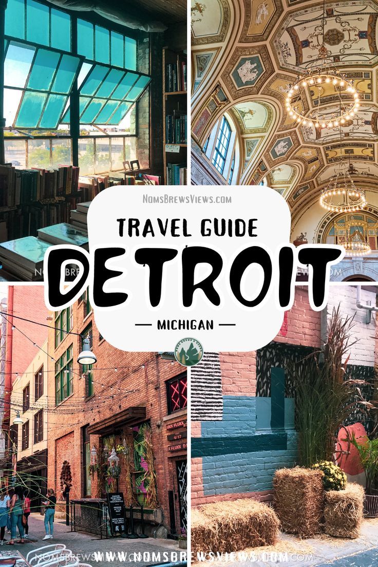 the interior and exterior of a restaurant in detroit, michigan with text overlay that reads travel guide detroit