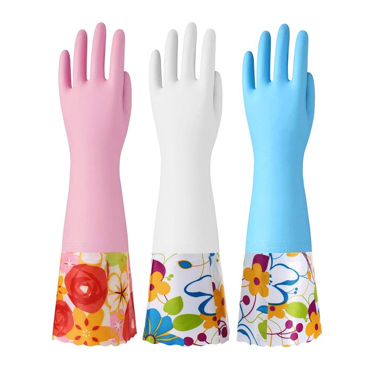 three different colored gloves on top of each other in front of a white background with flowers