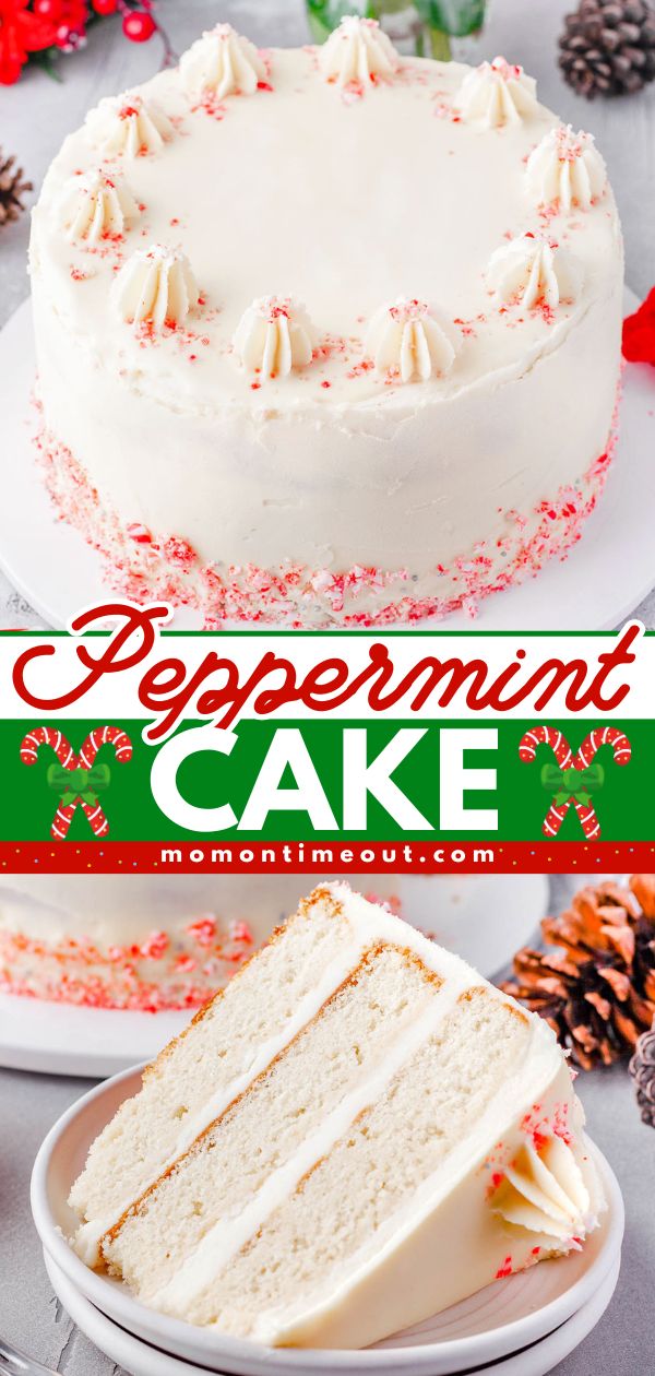 This stunning Peppermint Cake is a show stopping holiday dessert that is perfect for any occasion! Decadent white chocolate cake is layered and topped with peppermint buttercream frosting and crushed candy canes – sure to be the highlight of your holiday table! Candy Cane Cake Recipe, Peppermint Cake Recipe, Peppermint Buttercream Frosting, Christmas Confections, Peppermint Buttercream, Chocolate Peppermint Cake, Perfect Christmas Dessert, Peppermint Dessert, Peppermint Cake