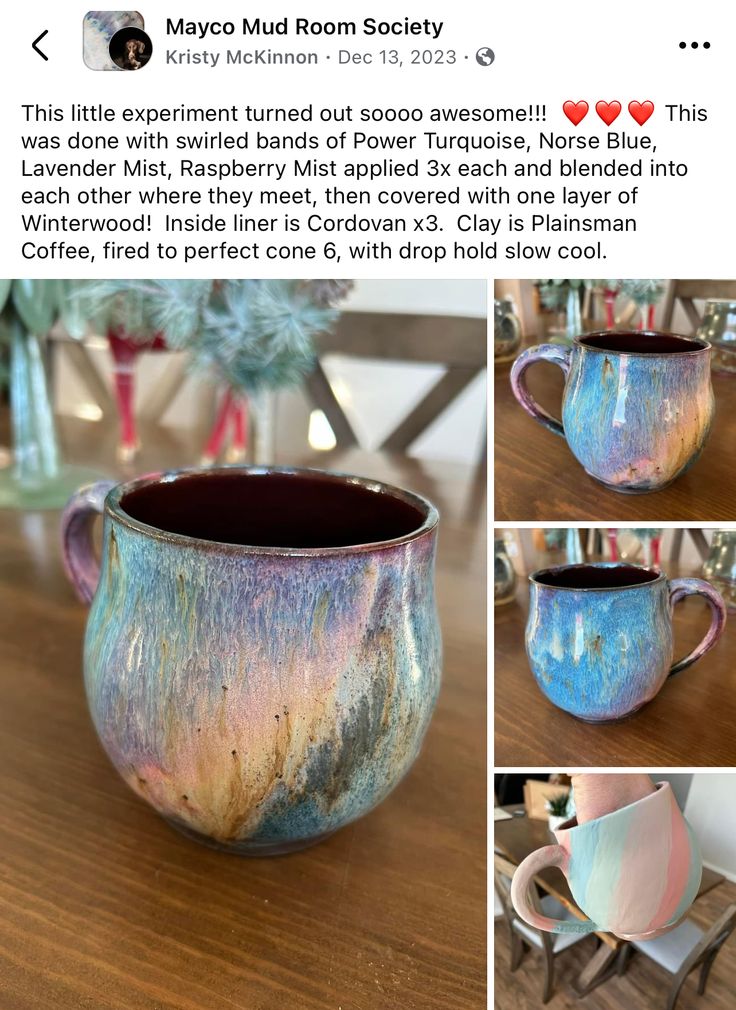 the coffee cup is made from clay and then painted with acrylic paint on it