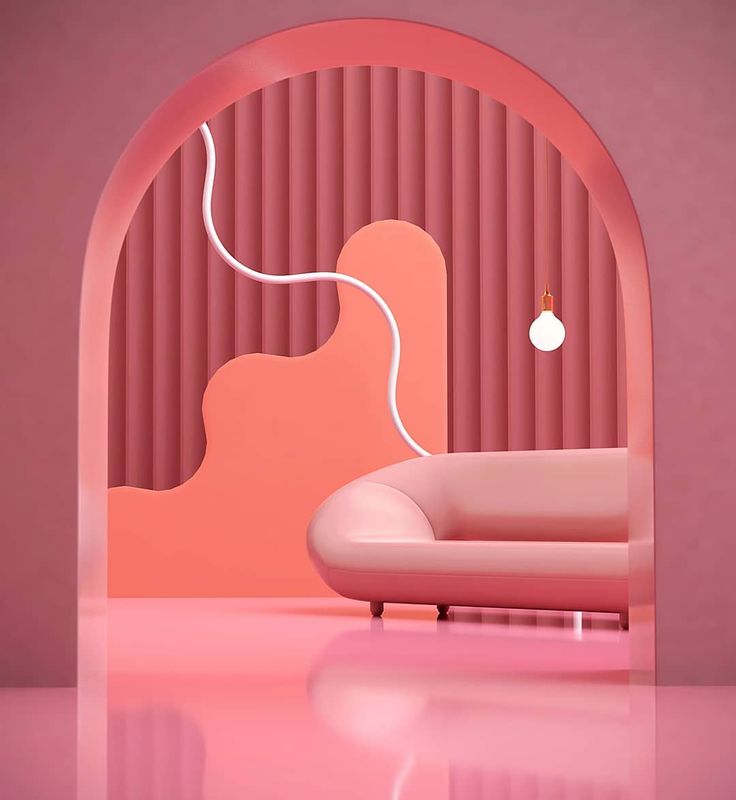 a pink room with a couch and lamp on the wall next to an arched doorway