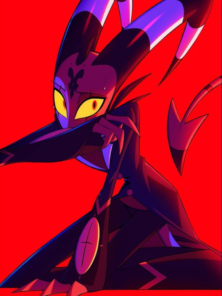 an image of a cartoon character with yellow eyes and purple hair, standing in front of a red background