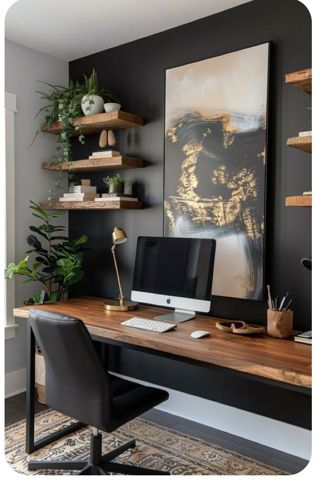 a desk with a computer on it in front of some shelves filled with potted plants