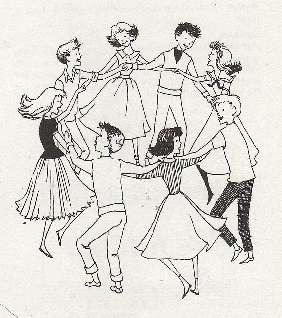 black and white drawing of people dancing together