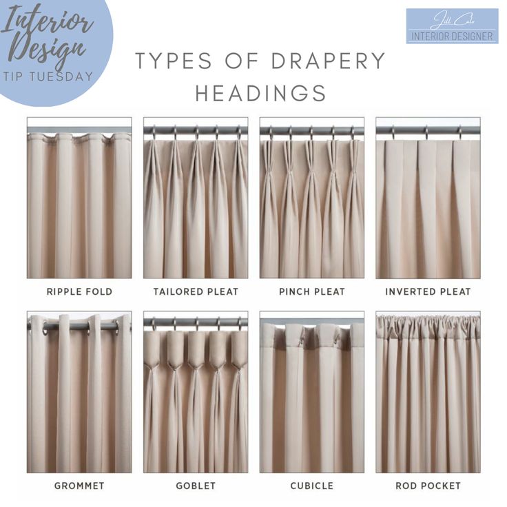 the types of drapery headings in different styles and colors, including beige curtains