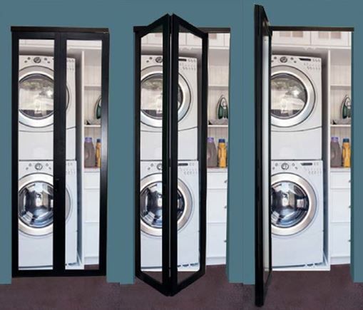 three doors open to show the inside of a washer and dryer machine in a laundry room