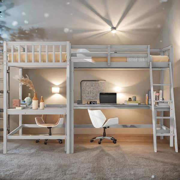 a loft bed with desk and chair underneath it