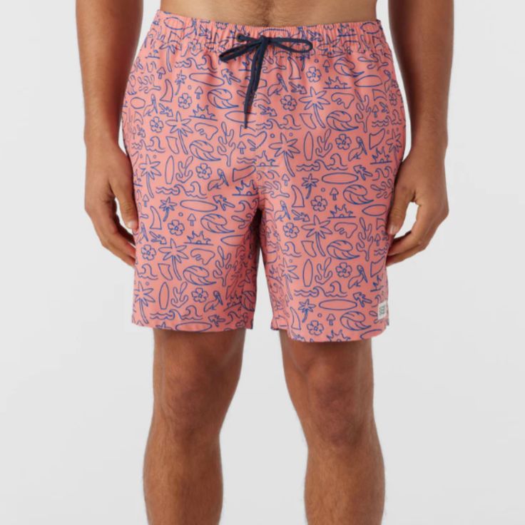 Ready for sunshine and long days at the beach or by the pool. Our trunks feature an elastic waist that's fully adjustable so you can get the perfect fit every time. Side pockets offer extra storage while the shorter outseam creates a vintage-inspired look. O'Neill Men's swim trunk 17" Outseam- well above the knee fit Hyperfreak stretch O'Neill Hyperdry Elastic waist with tunnel drawcord Hand pockets, back pocket Anti-rash hyperthread 53% Recycled Polyester, 37% Polyester, 10% Elastane Relaxed Fit Swimwear With Built-in Shorts For Surfing, Spring Vacation Swim Trunks With Pockets, Beachwear Bottoms With Pockets, Pink Beachwear Swim Trunks With Built-in Shorts, Pink Swimwear With Built-in Shorts For Beach, Tropical Beach Bottoms With Pockets, Beachy Swim Trunks For Swimming, Short Length Swimwear For Beach Vacation, Beachy Short Swimwear For Warm Weather