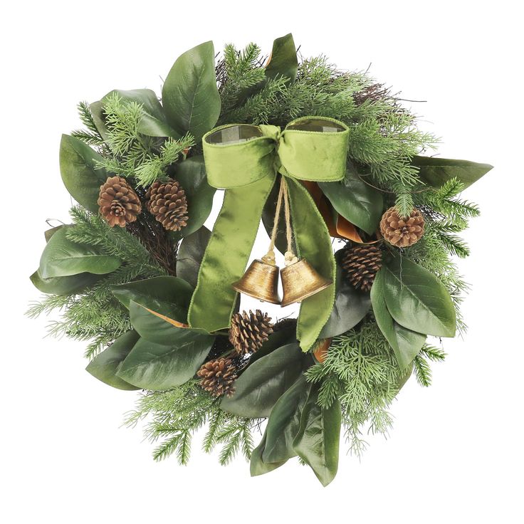 a christmas wreath with bells and pine cones on it, decorated with green leaves and greenery