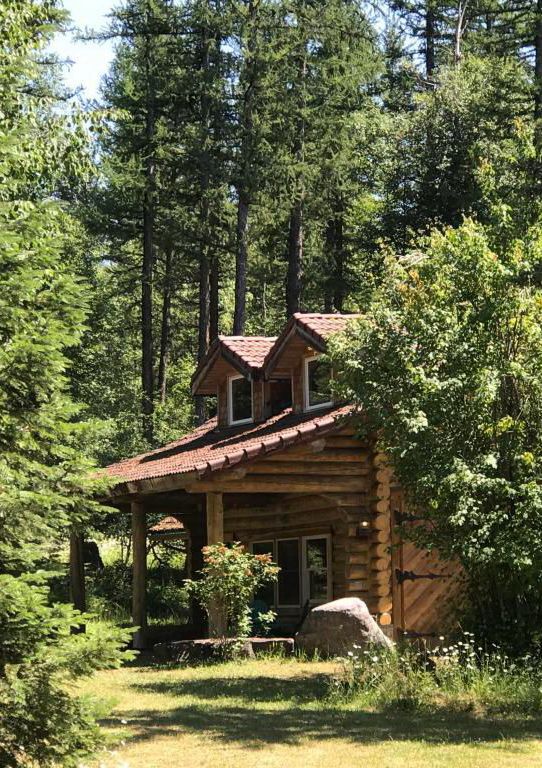 a log cabin in the woods surrounded by trees