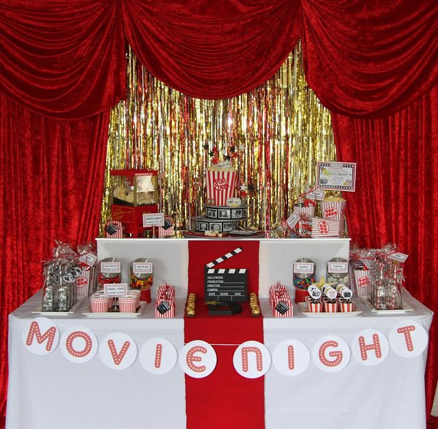 a movie themed birthday party with red and white decorations