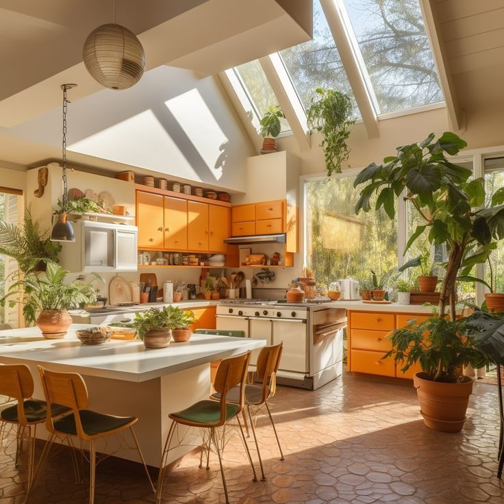 an open kitchen with lots of plants in the center and skylights on the ceiling