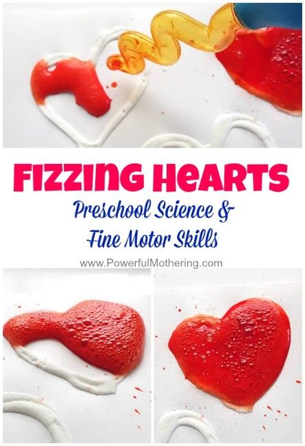 four different pictures with the words fizzling hearts preschool science and fine motor skills