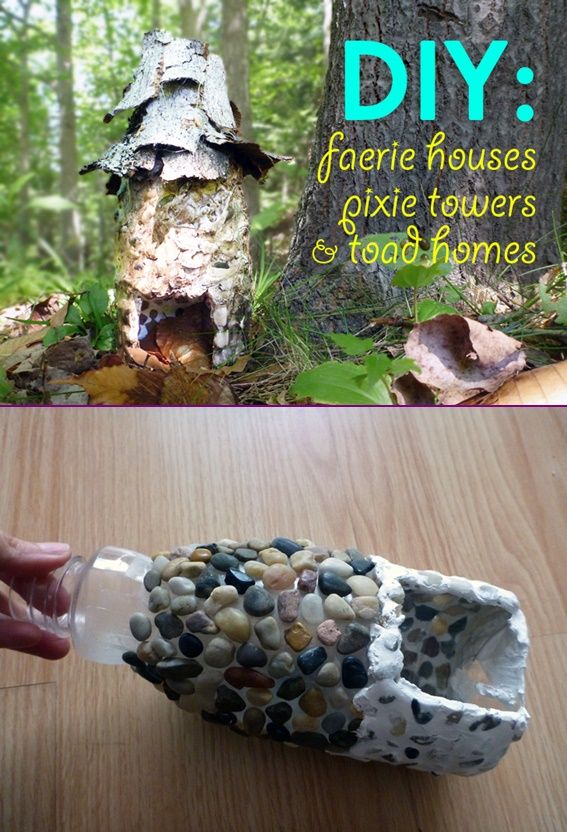 a bottle filled with rocks sitting on top of a wooden table next to a forest