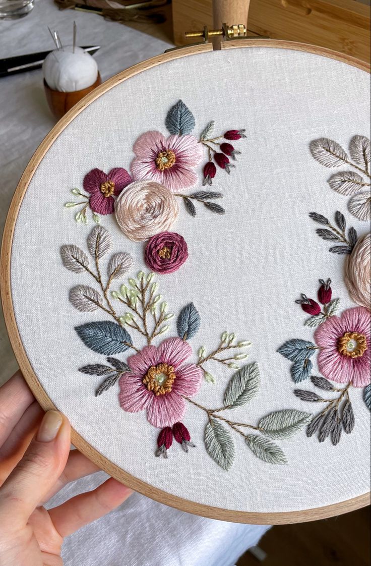 a person holding up a embroidery hoop with flowers on it