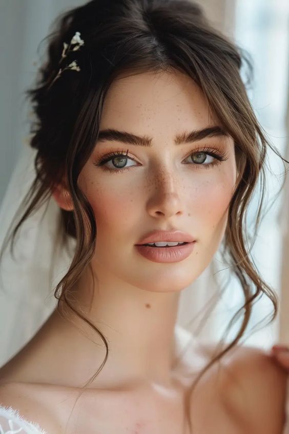 a woman with blue eyes and a veil on her head wearing a bridal dress