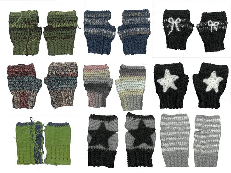 nine pairs of knitted mittens with stars on them