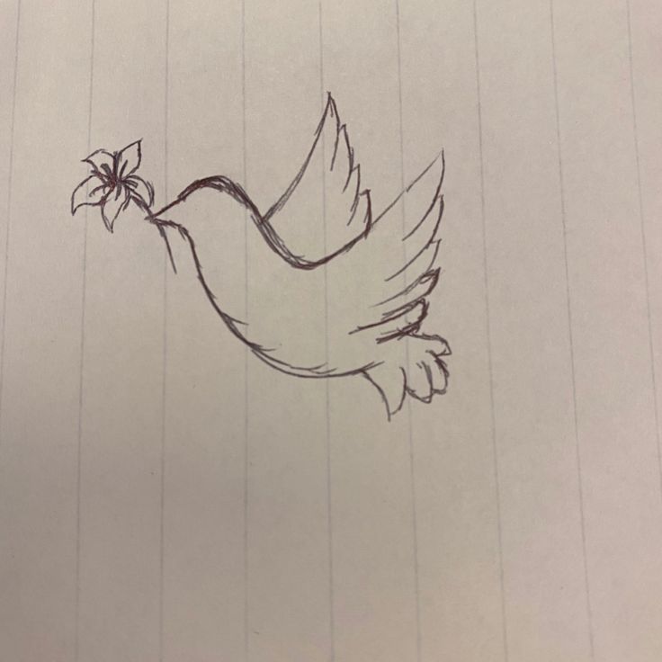 a drawing of a bird with a flower in it's beak, flying through the air