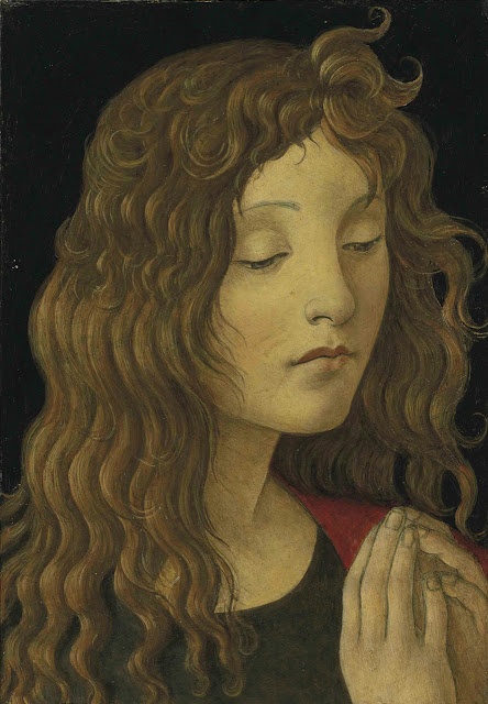 a painting of a woman with her hands clasped to her chest and looking down at the ground