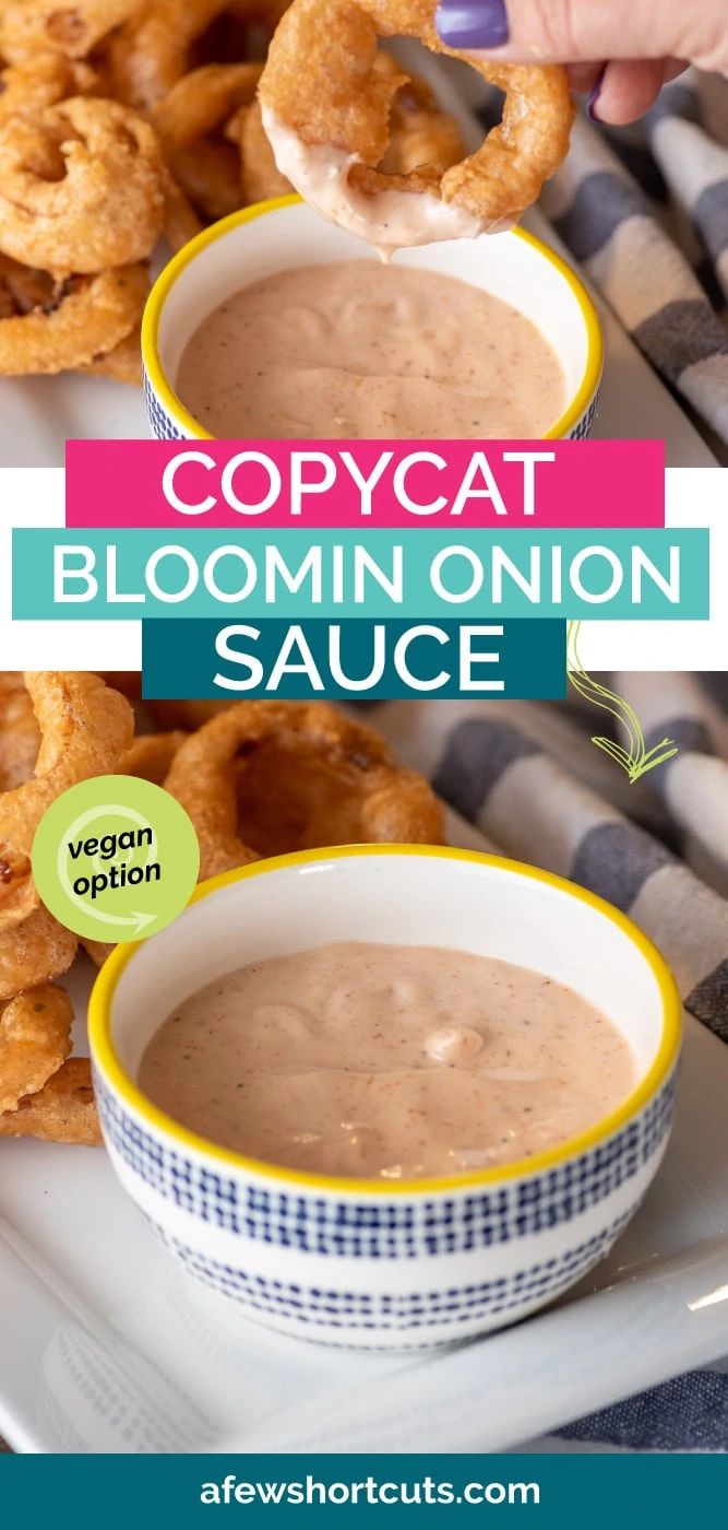 a person dipping some onion rings into a bowl of soup with the words copycat bloom onion sauce