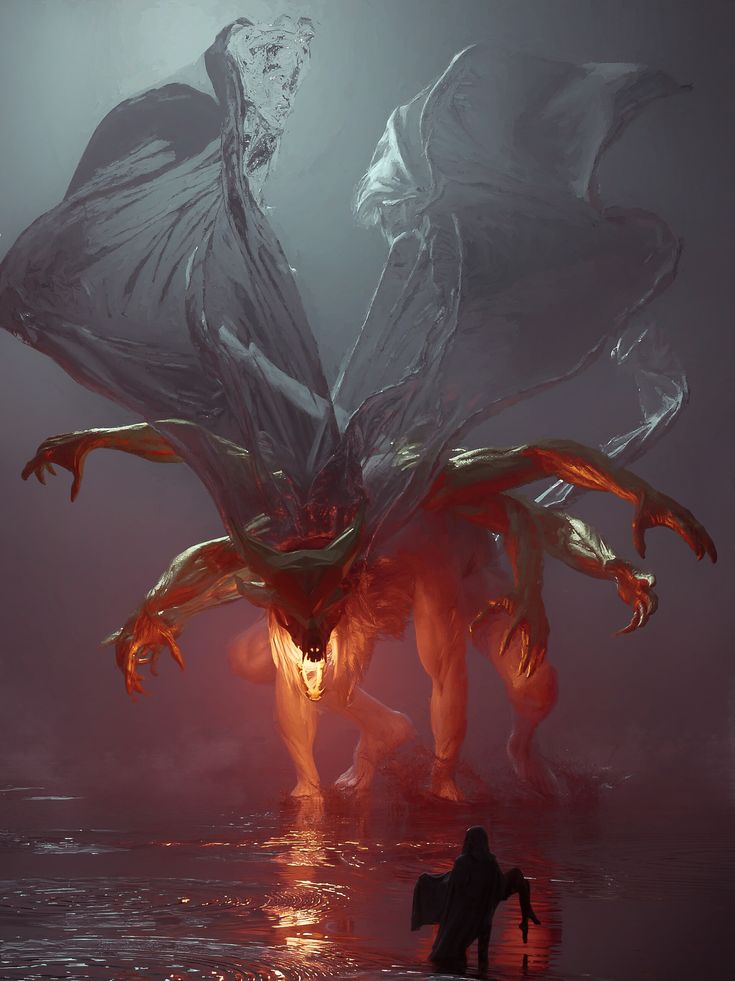 a person standing in the water with a large dragon on it's back legs