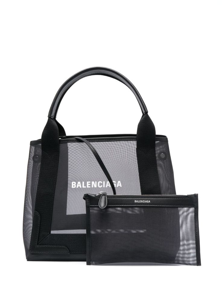 black/white leather trim mesh detailing logo lettering two top handles press-stud fastening main compartment removable pouch Balenciaga Tote Bag, Balenciaga Tote, Black Balenciaga, Mesh Tote Bag, Balenciaga Black, Tote Bag Black, Balenciaga Bag, Black Tote, Ballet Flat Shoes