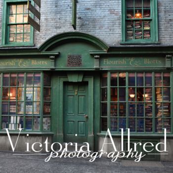 an old brick building with green doors and windows on the outside, in front of it is a sign that reads victoria allred photography