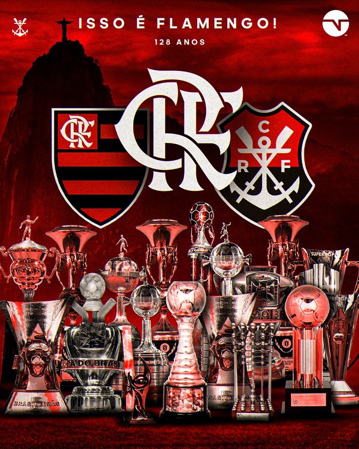 an image of many trophies on display in front of a red and black background with the words rcs e flamenco