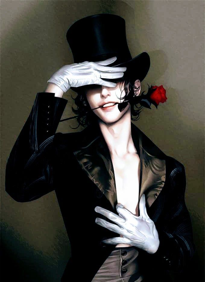 a woman wearing white gloves and a top hat with a rose in her hair is posing for the camera