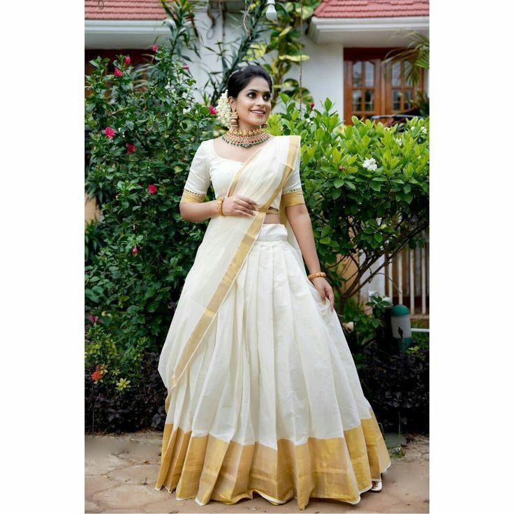 Onam Saree Lehenga, Kerala Lehangas, Kasavu Davani Set, Dawani Designs Onam, Kerala Kasavu Half Saree, Set Saree Skirt And Top, Temple Wedding Look Kerala, Kasavu Skirt And Top Designs, Kerala Style Skirt And Top For Engagement