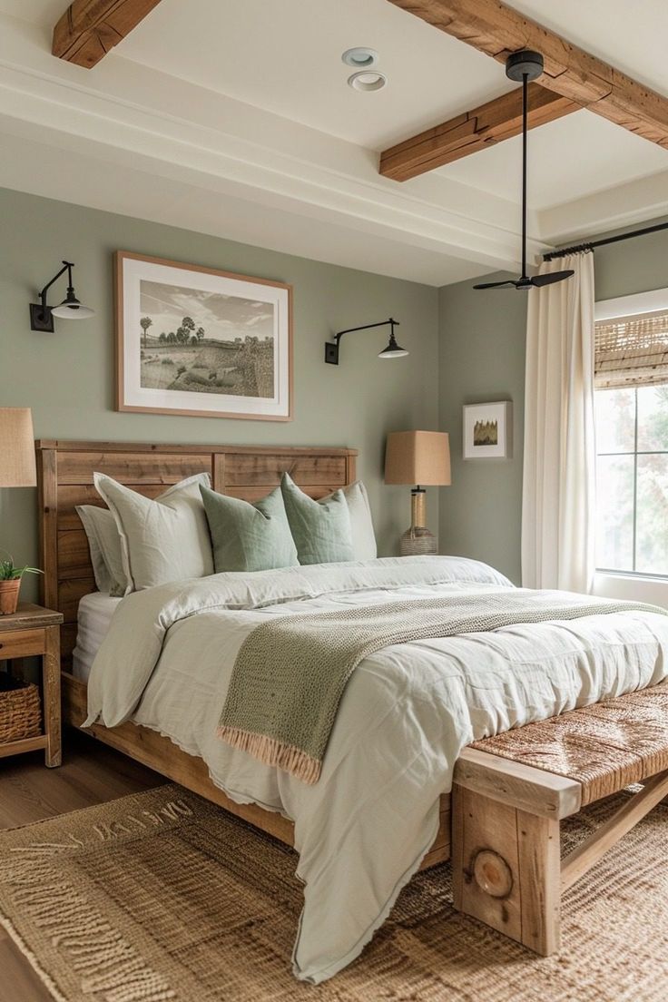 a bedroom with a large bed and two lamps on either side of the bed in front of a window